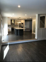 raised kitchen with dark wood flooring and center island