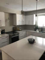 kitchen with white center island and pendant lighting